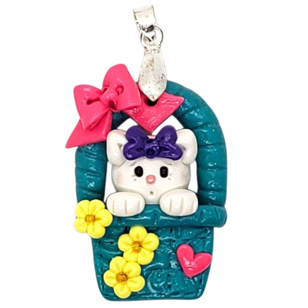 White Kitty Cat in a Blue Basket with Flowers Bow Pendant Handmade Polymer Clay